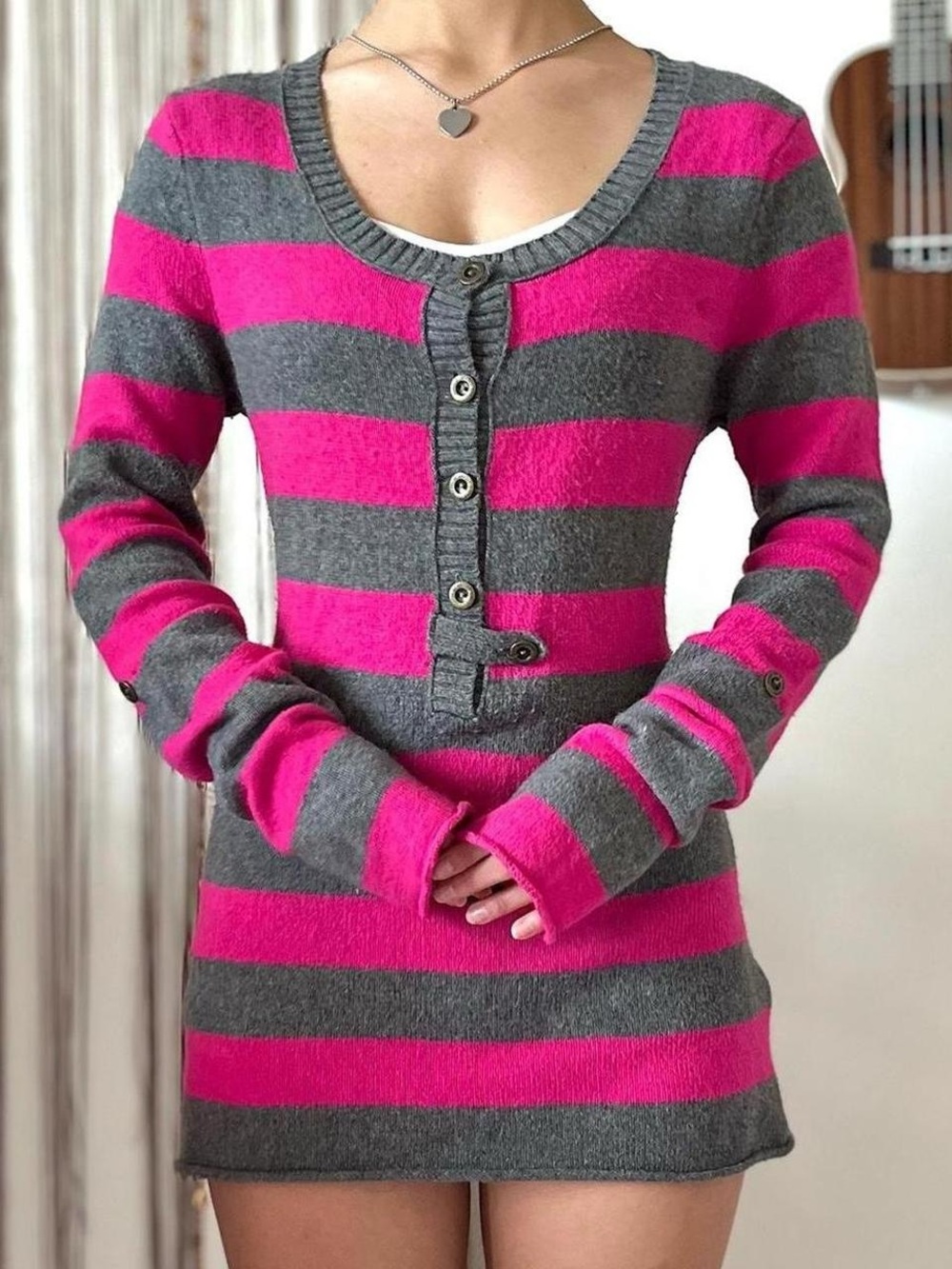 h&m pink and grey striped sweater mini dress